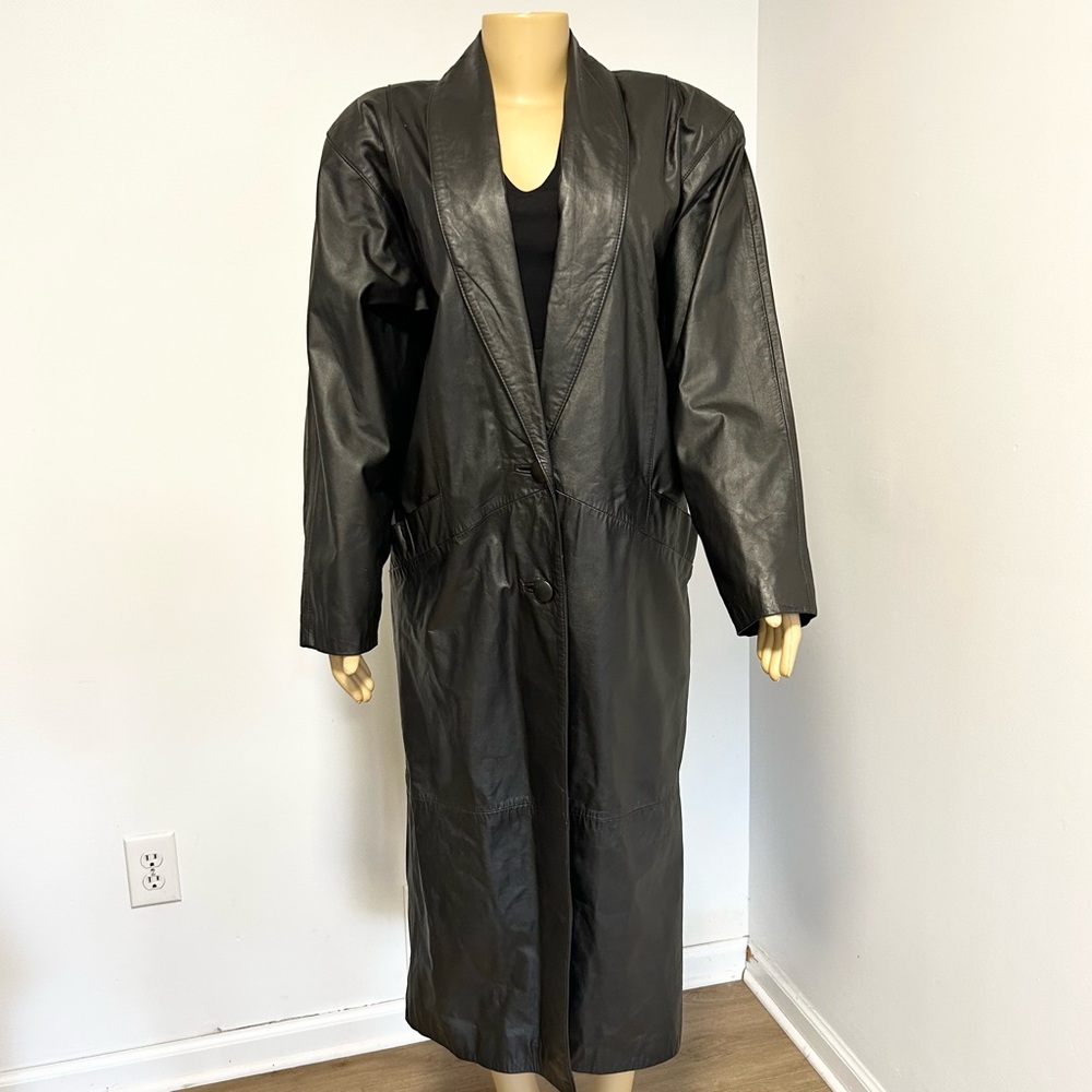 Comint Leather Black Trench Coat Long Duster Jacket Womens‎ Large C5087 Vintage